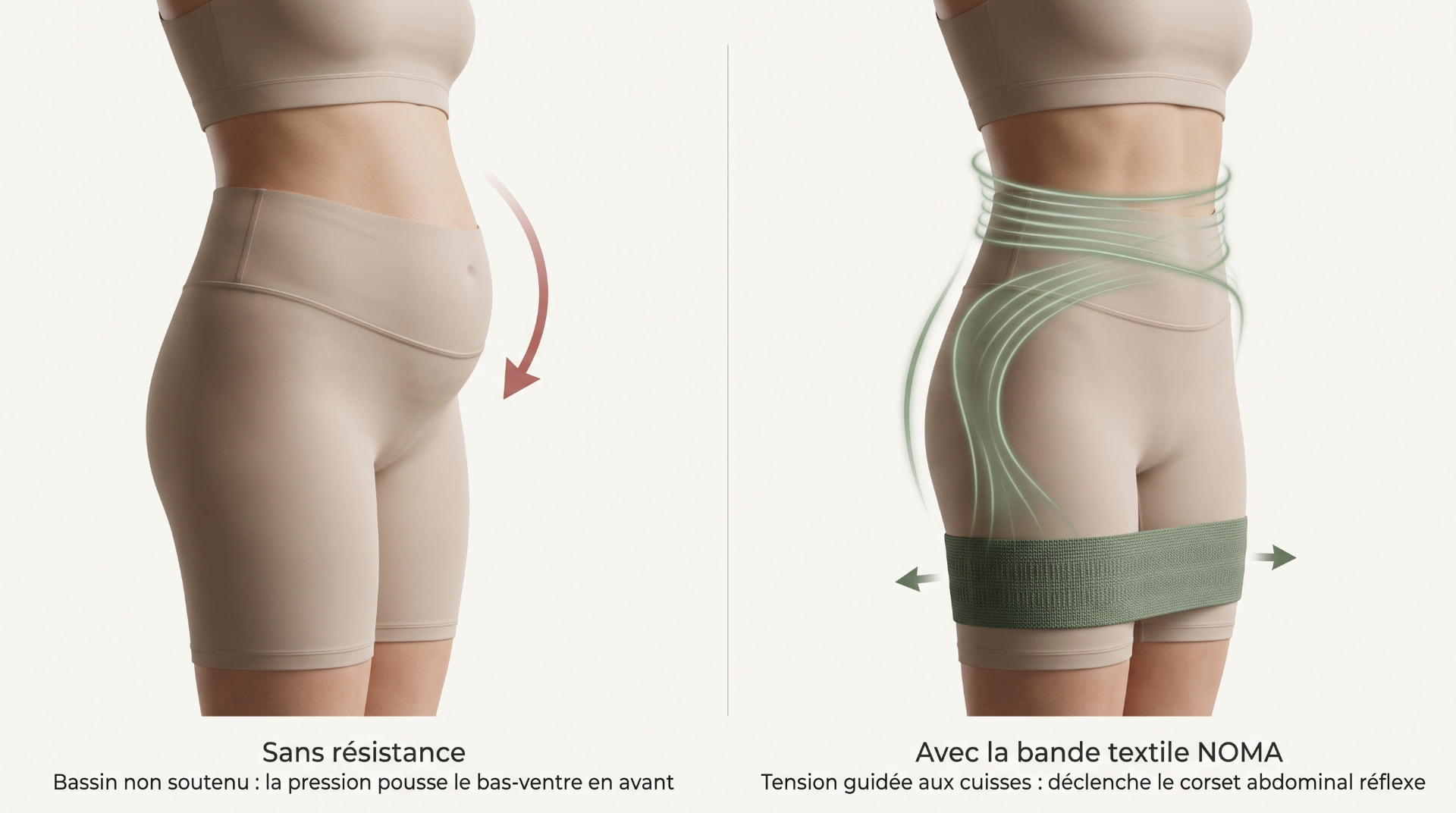 Illustration comparative du bassin sans résistance et avec une bande textile autour des cuisses